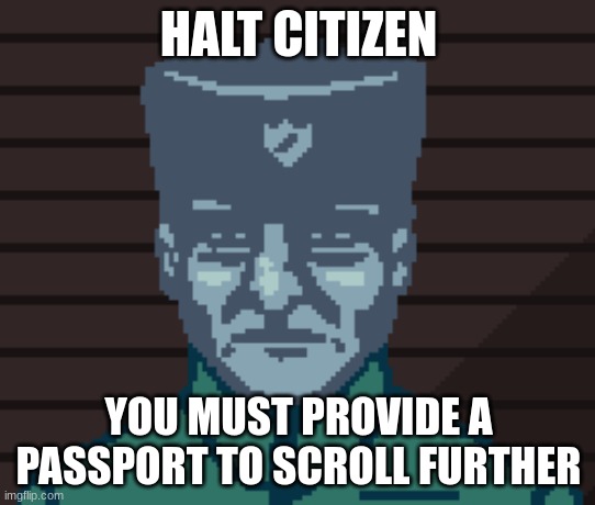 Failure to do so will result in me doing absolutely nothing | HALT CITIZEN; YOU MUST PROVIDE A PASSPORT TO SCROLL FURTHER | image tagged in papers please soldier | made w/ Imgflip meme maker