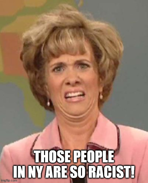 Disgusted Kristin Wiig | THOSE PEOPLE IN NY ARE SO RACIST! | image tagged in disgusted kristin wiig | made w/ Imgflip meme maker