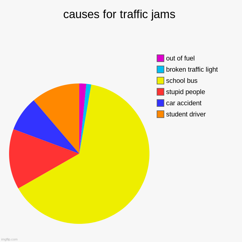 traffic jams | causes for traffic jams | student driver, car accident, stupid people, school bus, broken traffic light, out of fuel | image tagged in charts,pie charts,traffic,traffic jam | made w/ Imgflip chart maker