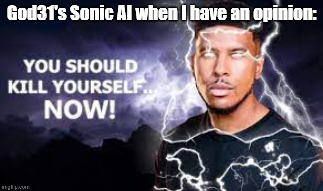 You Should Kill Yourself NOW! | God31's Sonic AI when I have an opinion: | image tagged in you should kill yourself now | made w/ Imgflip meme maker