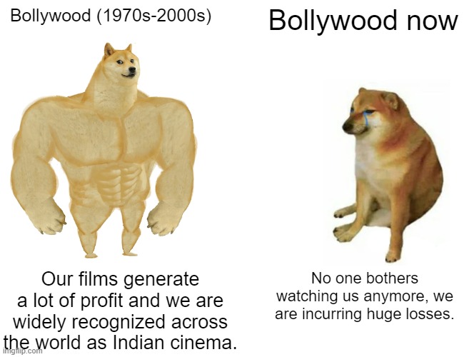 Bollywood's failure | Bollywood (1970s-2000s); Bollywood now; Our films generate a lot of profit and we are widely recognized across the world as Indian cinema. No one bothers watching us anymore, we are incurring huge losses. | image tagged in memes,buff doge vs cheems,bollywood,india | made w/ Imgflip meme maker