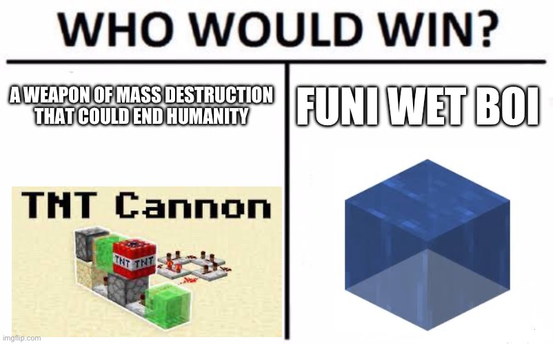 Who Would Win? Meme | A WEAPON OF MASS DESTRUCTION THAT COULD END HUMANITY FUNI WET BOI | image tagged in memes,who would win | made w/ Imgflip meme maker