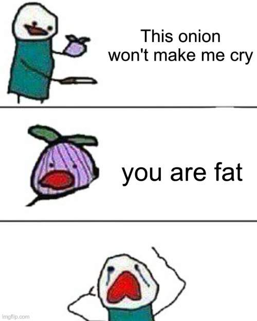 hehe | This onion won't make me cry; you are fat | image tagged in this onion won't make me cry,memes,onion,onions,oh wow are you actually reading these tags,people | made w/ Imgflip meme maker