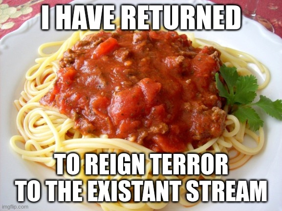 he has returned | I HAVE RETURNED; TO REIGN TERROR TO THE EXISTANT STREAM | image tagged in spaghetti,memes,funny,existant,jumpscare | made w/ Imgflip meme maker