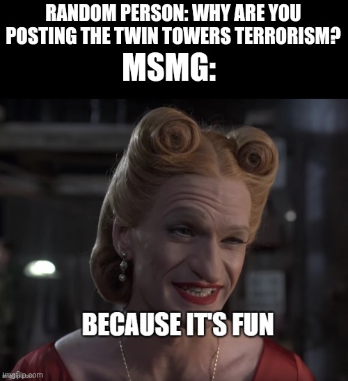 because it's fun | RANDOM PERSON: WHY ARE YOU POSTING THE TWIN TOWERS TERRORISM? MSMG: | image tagged in because it's fun | made w/ Imgflip meme maker
