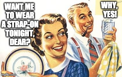 WANT ME TO WEAR A STRAP-ON TONIGHT, DEAR? WHY, YES! | image tagged in thoroughly modern marriage | made w/ Imgflip meme maker