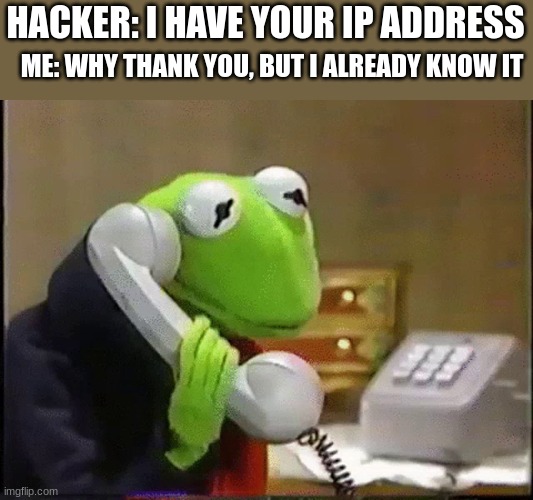 kermit on the phone | HACKER: I HAVE YOUR IP ADDRESS; ME: WHY THANK YOU, BUT I ALREADY KNOW IT | image tagged in kermit on the phone | made w/ Imgflip meme maker