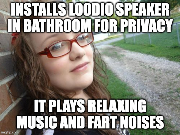 Bad Luck Hannah | INSTALLS LOODIO SPEAKER IN BATHROOM FOR PRIVACY; IT PLAYS RELAXING MUSIC AND FART NOISES | image tagged in memes,bad luck hannah | made w/ Imgflip meme maker