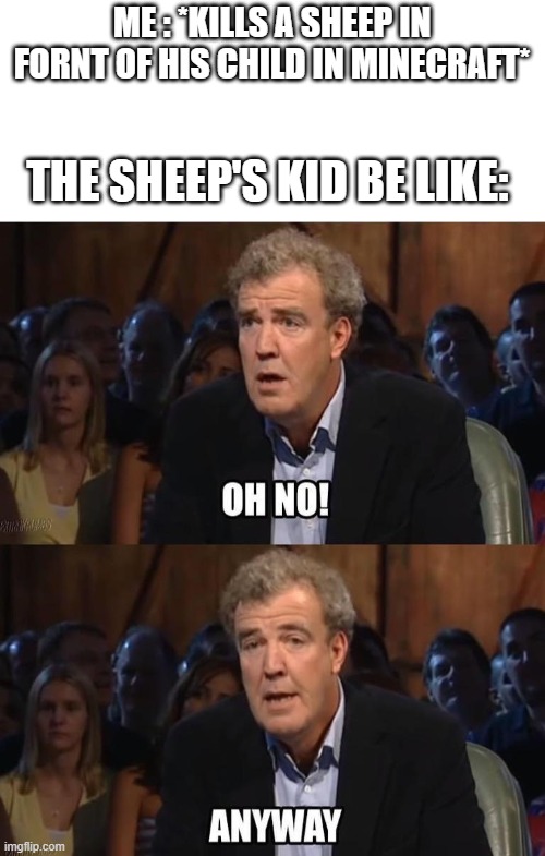 bruh | ME : *KILLS A SHEEP IN FORNT OF HIS CHILD IN MINECRAFT*; THE SHEEP'S KID BE LIKE: | image tagged in oh no anyway | made w/ Imgflip meme maker