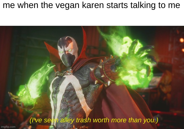 mk11 | me when the vegan karen starts talking to me; (I've seen alley trash worth more than you.) | image tagged in spawn,trash | made w/ Imgflip meme maker