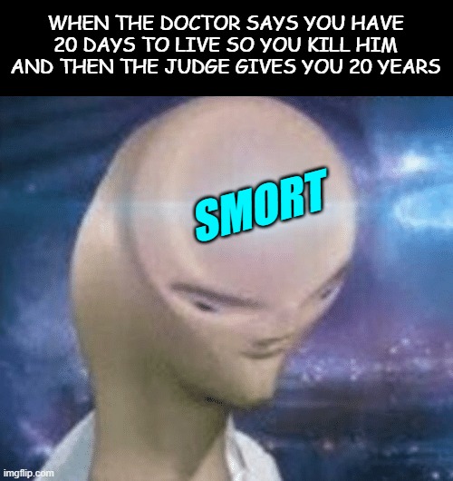 Killer ? NO ! GENIUS ! | WHEN THE DOCTOR SAYS YOU HAVE 20 DAYS TO LIVE SO YOU KILL HIM AND THEN THE JUDGE GIVES YOU 20 YEARS; SMORT | image tagged in smort | made w/ Imgflip meme maker
