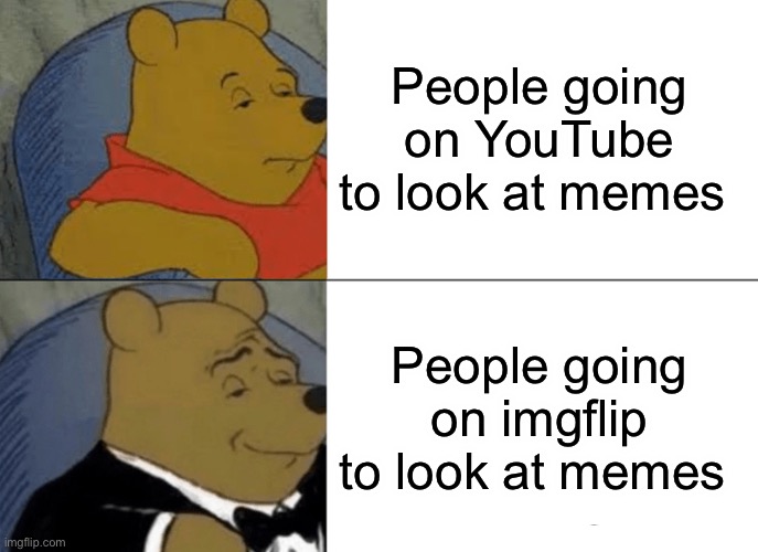 YouTube vs imgflip | People going on YouTube to look at memes; People going on imgflip to look at memes | image tagged in memes,tuxedo winnie the pooh | made w/ Imgflip meme maker