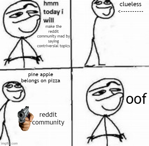 Hmm today I will | clueless
<----------; make the reddit community mad by saying controversial topics; pine apple belongs on pizza; oof; reddit community | image tagged in hmm today i will | made w/ Imgflip meme maker