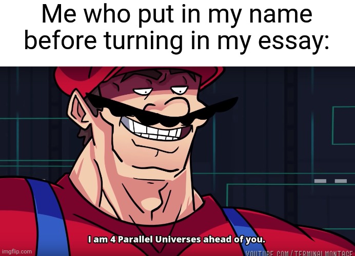 Mario I am four parallel universes ahead of you | Me who put in my name before turning in my essay: | image tagged in mario i am four parallel universes ahead of you | made w/ Imgflip meme maker