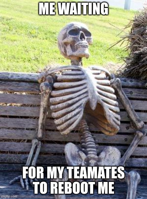 reboot me | ME WAITING; FOR MY TEAMATES TO REBOOT ME | image tagged in memes,waiting skeleton | made w/ Imgflip meme maker