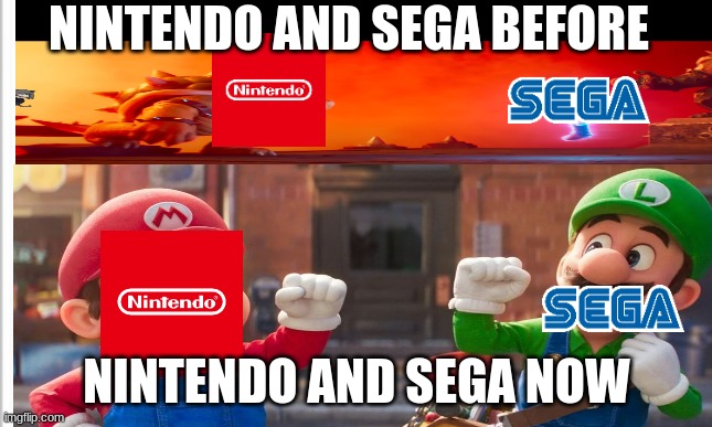 Nintendo and sega over the years | NINTENDO AND SEGA BEFORE; NINTENDO AND SEGA NOW | image tagged in mario,sonic | made w/ Imgflip meme maker