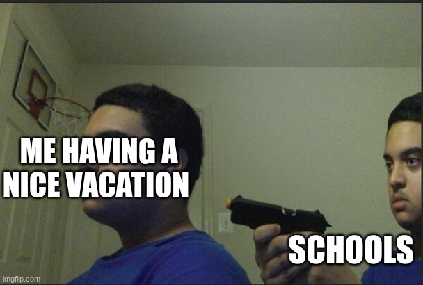 guy pointing gun at self | ME HAVING A NICE VACATION; SCHOOLS | image tagged in guy pointing gun at self | made w/ Imgflip meme maker