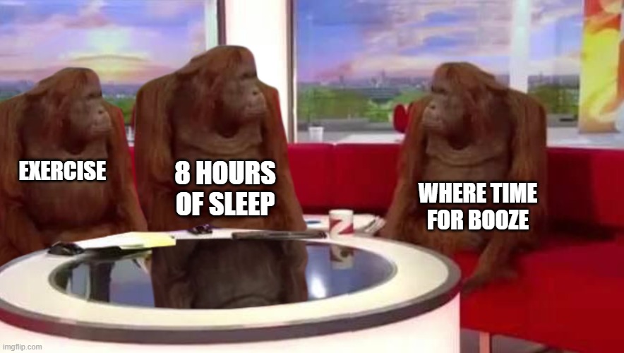 Booze Time | 8 HOURS OF SLEEP; EXERCISE; WHERE TIME FOR BOOZE | image tagged in where monkey,funny memes,booze | made w/ Imgflip meme maker