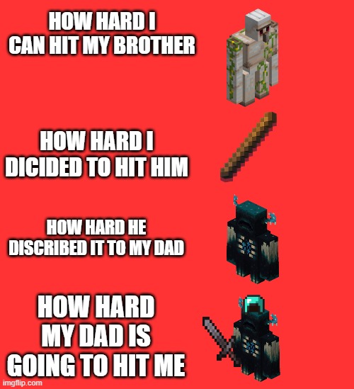 ultamit meme | HOW HARD I CAN HIT MY BROTHER; HOW HARD I DICIDED TO HIT HIM; HOW HARD HE DISCRIBED IT TO MY DAD; HOW HARD MY DAD IS GOING TO HIT ME | image tagged in meme,minecraft | made w/ Imgflip meme maker