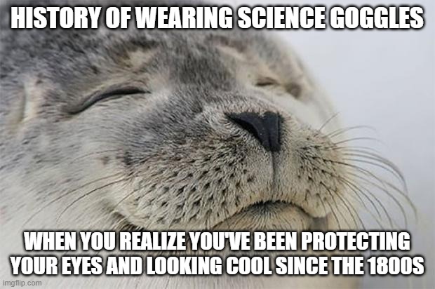 funny science | HISTORY OF WEARING SCIENCE GOGGLES; WHEN YOU REALIZE YOU'VE BEEN PROTECTING YOUR EYES AND LOOKING COOL SINCE THE 1800S | image tagged in memes,satisfied seal | made w/ Imgflip meme maker
