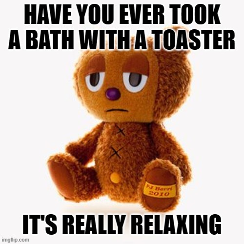 Pj plush | HAVE YOU EVER TOOK A BATH WITH A TOASTER; IT'S REALLY RELAXING | image tagged in pj plush | made w/ Imgflip meme maker