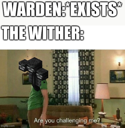Are you challenging me? | WARDEN:*EXISTS*; THE WITHER: | image tagged in are you challenging me | made w/ Imgflip meme maker