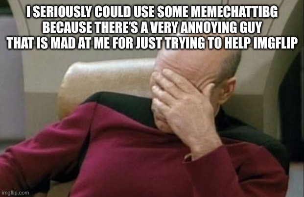 Captain Picard Facepalm Meme | I SERIOUSLY COULD USE SOME MEMECHATTIBG BECAUSE THERE’S A VERY ANNOYING GUY THAT IS MAD AT ME FOR JUST TRYING TO HELP IMGFLIP | image tagged in memes,captain picard facepalm | made w/ Imgflip meme maker