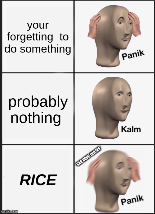depending where you are from, this can be adjusted | your forgetting  to do something; probably nothing; RICE; *CAR DOOR CLOSES* | image tagged in memes,panik kalm panik,rice,ohhhhhhhhhhhh | made w/ Imgflip meme maker