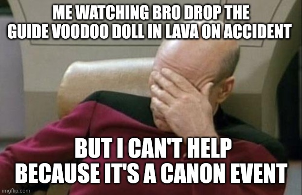 Captain Picard Facepalm | ME WATCHING BRO DROP THE GUIDE VOODOO DOLL IN LAVA ON ACCIDENT; BUT I CAN'T HELP BECAUSE IT'S A CANON EVENT | image tagged in memes,captain picard facepalm | made w/ Imgflip meme maker
