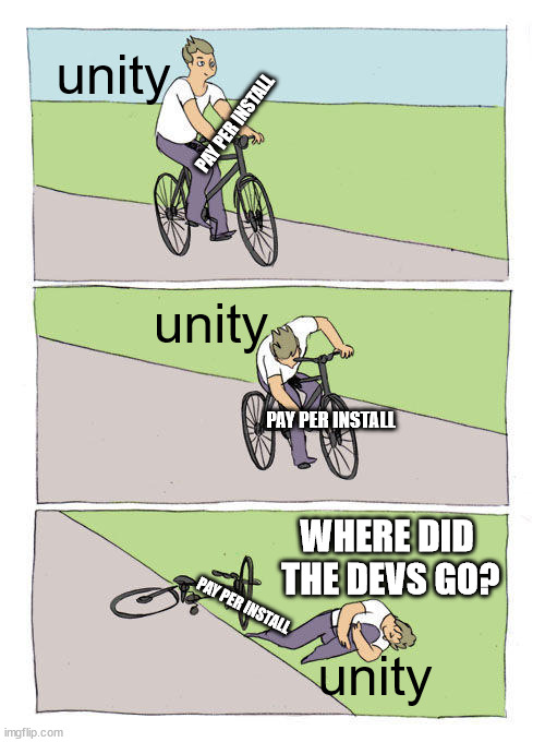 Unity | unity; PAY PER INSTALL; unity; PAY PER INSTALL; WHERE DID  THE DEVS GO? PAY PER INSTALL; unity | image tagged in memes,bike fall,unity,video games,games,gaming | made w/ Imgflip meme maker