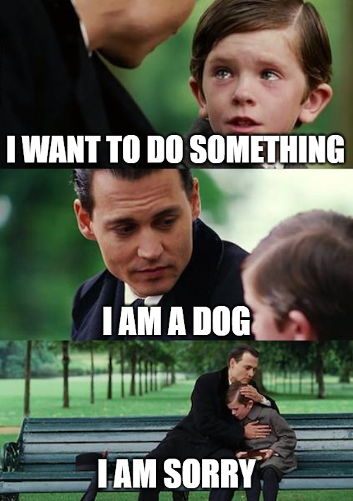 Finding Neverland | I WANT TO DO SOMETHING; I AM A DOG; I AM SORRY | image tagged in memes,finding neverland | made w/ Imgflip meme maker