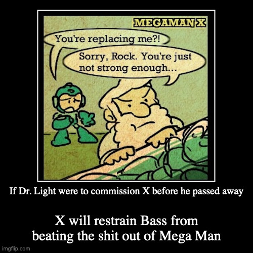 Commissioning X | If Dr. Light were to commission X before he passed away | X will restrain Bass from beating the shit out of Mega Man | image tagged in demotivationals,megaman,dr light,x,megaman x | made w/ Imgflip demotivational maker