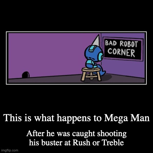 Mega Man Being Naughty | This is what happens to Mega Man | After he was caught shooting his buster at Rush or Treble | image tagged in funny,demotivationals,megaman | made w/ Imgflip demotivational maker
