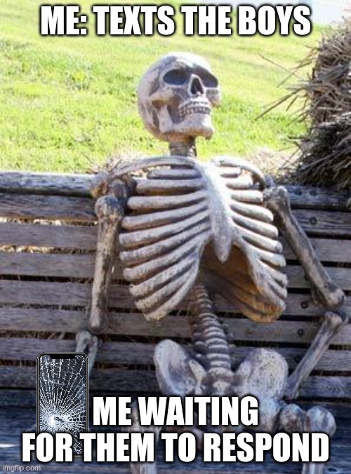 hate when this happens | ME: TEXTS THE BOYS; ME WAITING FOR THEM TO RESPOND | image tagged in memes,waiting skeleton | made w/ Imgflip meme maker