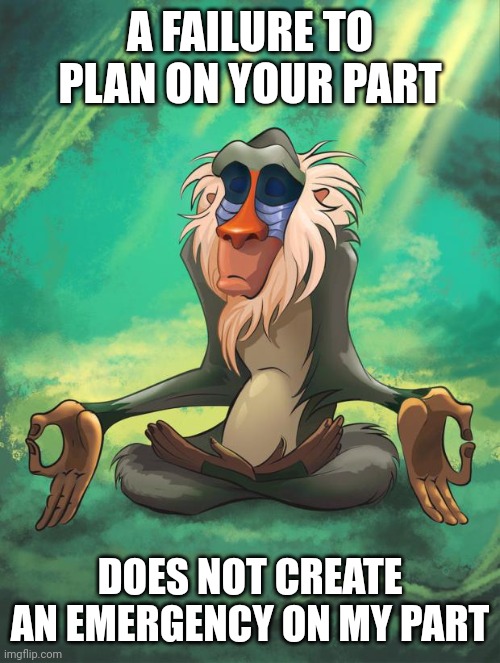 A failure to plan | A FAILURE TO PLAN ON YOUR PART; DOES NOT CREATE AN EMERGENCY ON MY PART | image tagged in rafiki wisdom | made w/ Imgflip meme maker