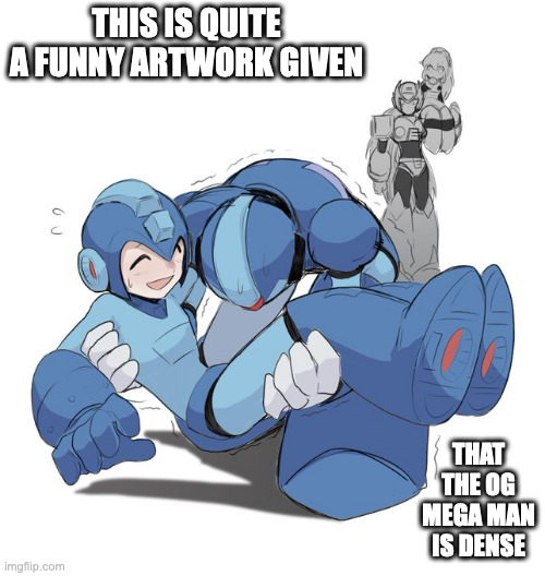 X Struggling to Life Mega Man Up | THIS IS QUITE A FUNNY ARTWORK GIVEN; THAT THE OG MEGA MAN IS DENSE | image tagged in megaman,x,megaman x,memes | made w/ Imgflip meme maker