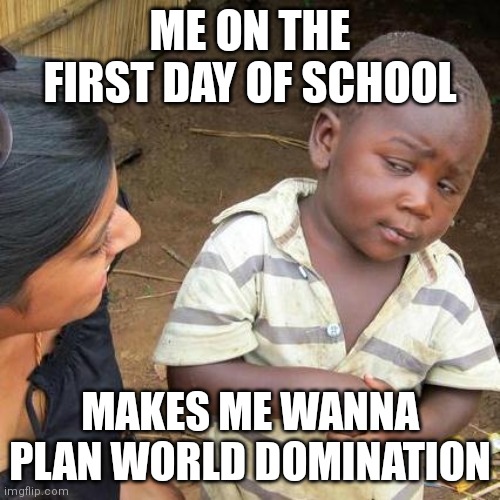 What. A. Week | ME ON THE FIRST DAY OF SCHOOL; MAKES ME WANNA PLAN WORLD DOMINATION | image tagged in memes,third world skeptical kid,school | made w/ Imgflip meme maker
