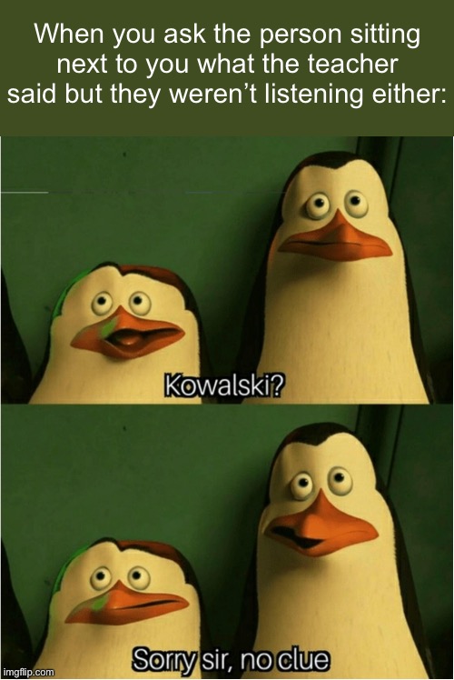 Who else has witnessed this? | When you ask the person sitting next to you what the teacher said but they weren’t listening either: | image tagged in sorry sir no clue | made w/ Imgflip meme maker