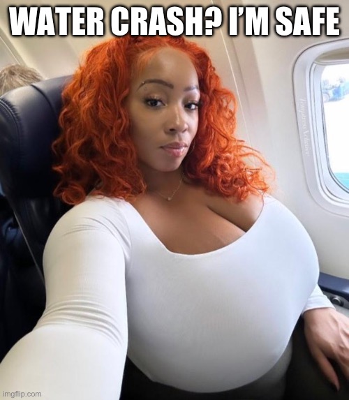 In the plane | WATER CRASH? I’M SAFE | image tagged in big boobs | made w/ Imgflip meme maker