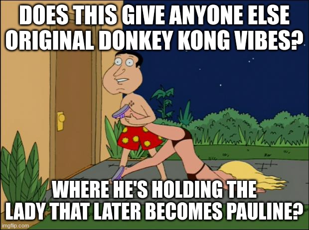 family guy quagmire | DOES THIS GIVE ANYONE ELSE ORIGINAL DONKEY KONG VIBES? WHERE HE'S HOLDING THE LADY THAT LATER BECOMES PAULINE? | image tagged in family guy quagmire | made w/ Imgflip meme maker