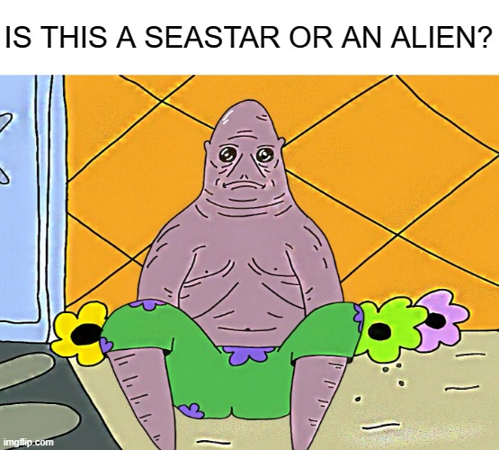 what is patrick? | IS THIS A SEASTAR OR AN ALIEN? | image tagged in spongebob,patrick,cursed image,cursed,aliens | made w/ Imgflip meme maker