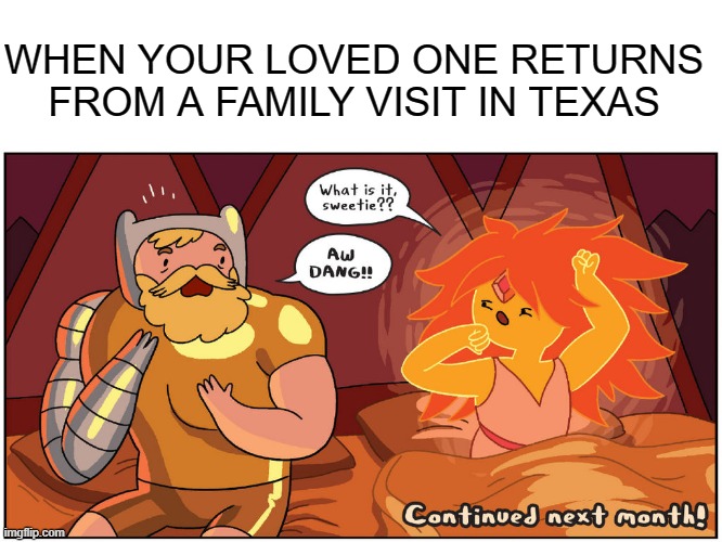 . | WHEN YOUR LOVED ONE RETURNS FROM A FAMILY VISIT IN TEXAS | image tagged in hot morning | made w/ Imgflip meme maker