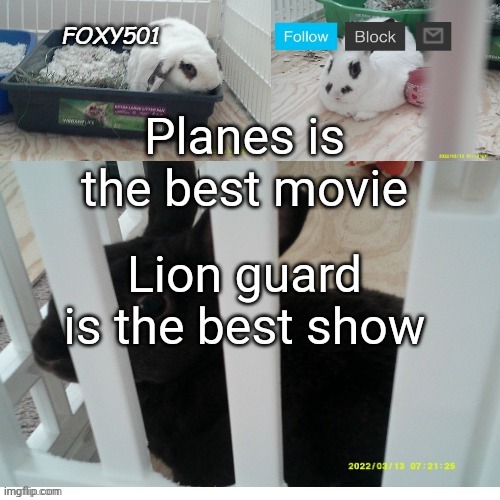 Foxy501 announcement template | Planes is the best movie; Lion guard is the best show | image tagged in foxy501 announcement template | made w/ Imgflip meme maker