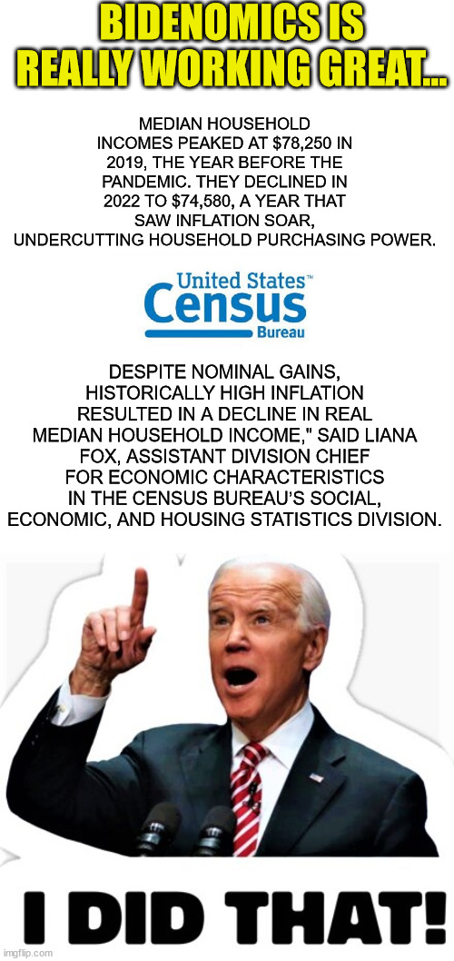Median household income fell in 2022, adjusted for inflation, Census Bureau says | BIDENOMICS IS REALLY WORKING GREAT... MEDIAN HOUSEHOLD INCOMES PEAKED AT $78,250 IN 2019, THE YEAR BEFORE THE PANDEMIC. THEY DECLINED IN 2022 TO $74,580, A YEAR THAT SAW INFLATION SOAR, UNDERCUTTING HOUSEHOLD PURCHASING POWER. DESPITE NOMINAL GAINS, HISTORICALLY HIGH INFLATION RESULTED IN A DECLINE IN REAL MEDIAN HOUSEHOLD INCOME," SAID LIANA FOX, ASSISTANT DIVISION CHIEF FOR ECONOMIC CHARACTERISTICS IN THE CENSUS BUREAU’S SOCIAL, ECONOMIC, AND HOUSING STATISTICS DIVISION. | image tagged in census,biden - i did that,biden,economics,america,disaster | made w/ Imgflip meme maker