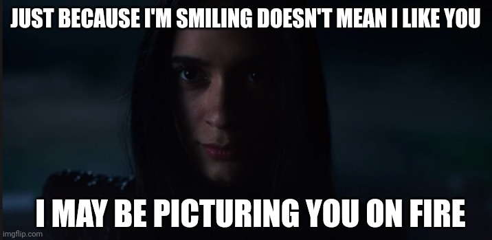 JUST BECAUSE I'M SMILING DOESN'T MEAN I LIKE YOU; I MAY BE PICTURING YOU ON FIRE | image tagged in dodge,fire,locke and key,demons,well lady,gabe | made w/ Imgflip meme maker