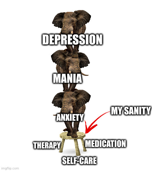 Caving to the pressure of daily life stresses | DEPRESSION; MANIA; ANXIETY; MY SANITY; MEDICATION; THERAPY; SELF-CARE | image tagged in blank white template | made w/ Imgflip meme maker
