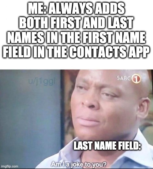 Contacts app meme | ME: ALWAYS ADDS BOTH FIRST AND LAST NAMES IN THE FIRST NAME FIELD IN THE CONTACTS APP; LAST NAME FIELD: | image tagged in am i a joke to you | made w/ Imgflip meme maker