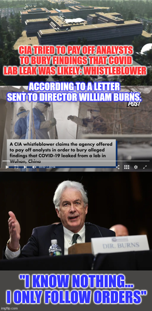 Now why would the CIA get involved with that? hmm.... | CIA TRIED TO PAY OFF ANALYSTS TO BURY FINDINGS THAT COVID LAB LEAK WAS LIKELY: WHISTLEBLOWER; ACCORDING TO A LETTER SENT TO DIRECTOR WILLIAM BURNS. "I KNOW NOTHING... I ONLY FOLLOW ORDERS" | image tagged in cia,shenanigans,government corruption,covid,truth | made w/ Imgflip meme maker