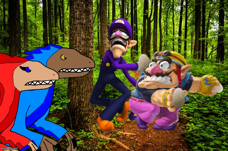 Wario and Waluigi die by Velocity and Rose after stealing their eggs.mp3 | image tagged in wario dies,wario,waluigi,velociraptor,dinosaur,ocs | made w/ Imgflip meme maker