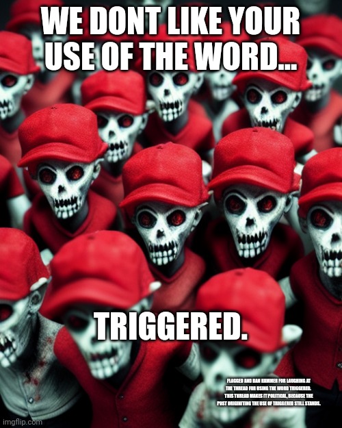 Its political alright.  Mods should not be looking for bias...but violance hate and harrasment | WE DONT LIKE YOUR USE OF THE WORD... TRIGGERED. FLAGGED AND BAN HAMMER FOR LAUGHING AT THE THREAD FOR USING THE WORD TRIGGERED.  THIS THREAD MAKES IT POLITICAL, BECAUSE THE POST ORIGINITING THE USE OF TRIGGERED STILL STANDS. | image tagged in maga undead | made w/ Imgflip meme maker